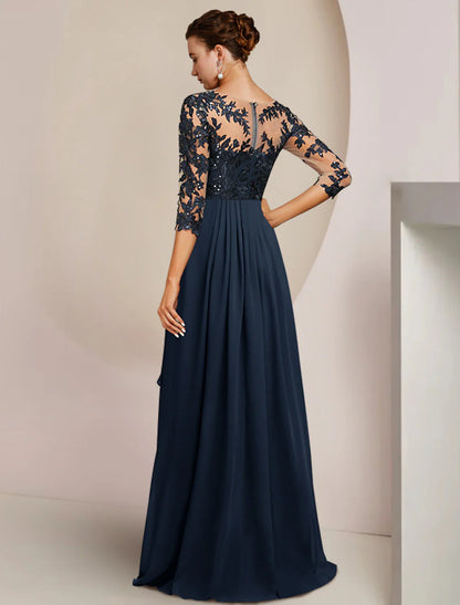 A-Line Mother of the Bride Dress Wedding Guest Elegant High Low V Neck Ankle Length Chiffon Lace 3/4 Length Sleeve with Sequin Appliques