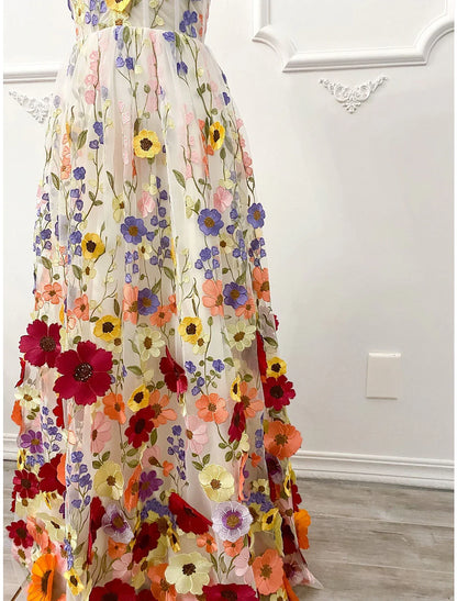 A-Line Wedding Guest Dresses Floral Dress Wedding Guest Floor Length Sleeveless Illusion Neck Wednesday Addams Family Cotton Backless with Embroidery Appliques