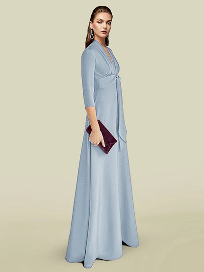 A-Line Mother of the Bride Dress Elegant V Neck Floor Length Charmeuse 3/4 Length Sleeve