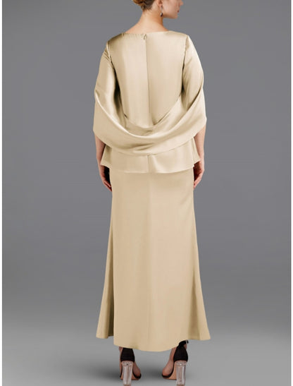 A-Line Mother of the Bride Dress Wedding Guest Simple Elegant Scoop Neck Ankle Length Satin Half Sleeve with Ruffles Ruching Solid Color