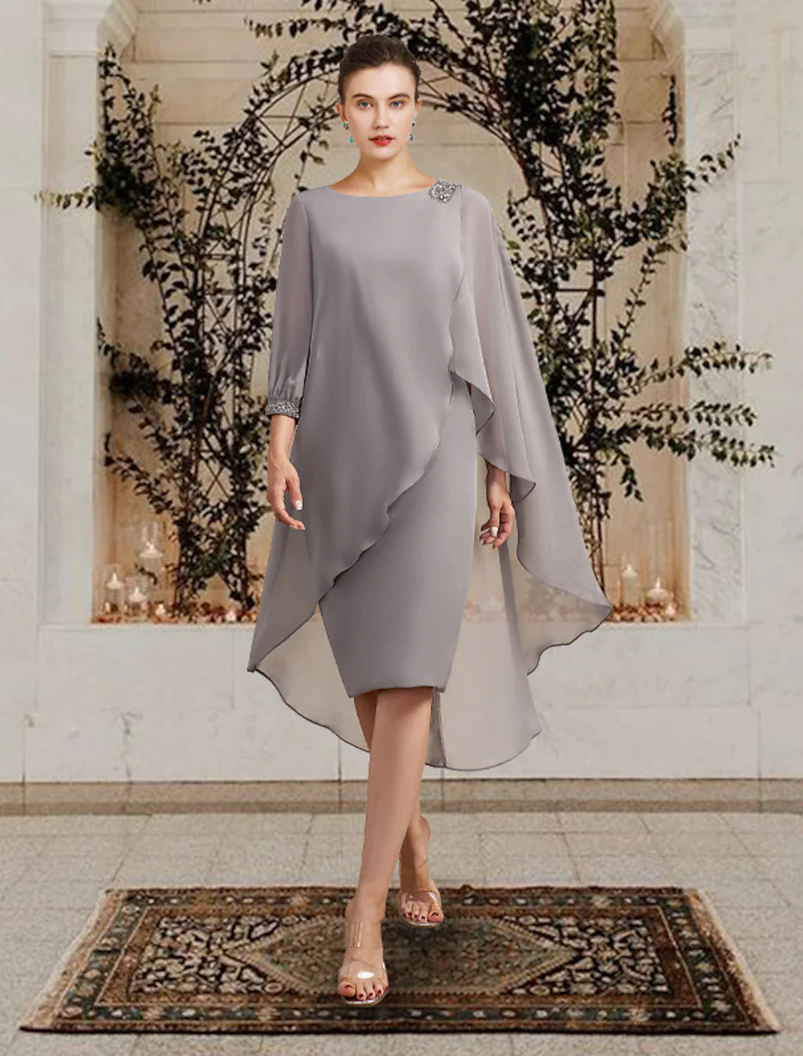 Wholesale Sheath / Column Mother of the Bride Dress Wedding Guest Elegant Jewel Neck Floor Length Chiffon 3/4 Length Sleeve with Beading Sequin Fall