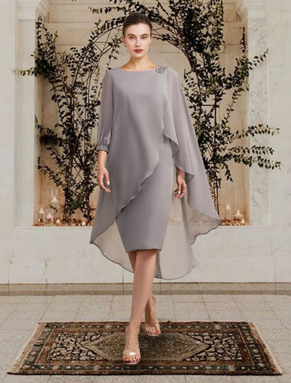 Wholesale Sheath / Column Mother of the Bride Dress Wedding Guest Elegant Jewel Neck Floor Length Chiffon 3/4 Length Sleeve with Beading Sequin Fall