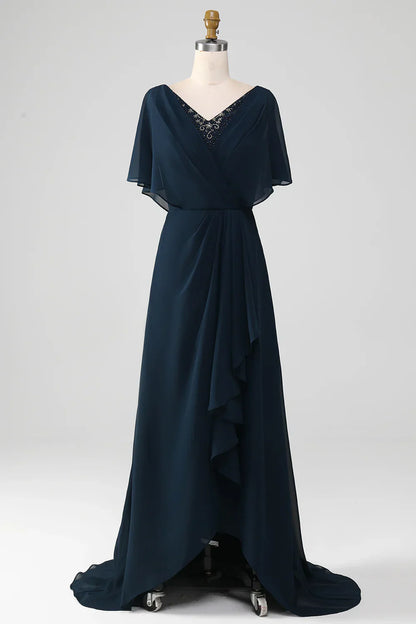 A-Line V-Neck Asymmetrical Sequins Mother of the Bride Dress With Beading