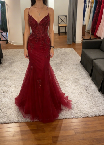 Classy Mermaid Straps Red Tulle Backless Long Prom Dresses Party Dress Birthday Outfits Graduation Dresses W0513