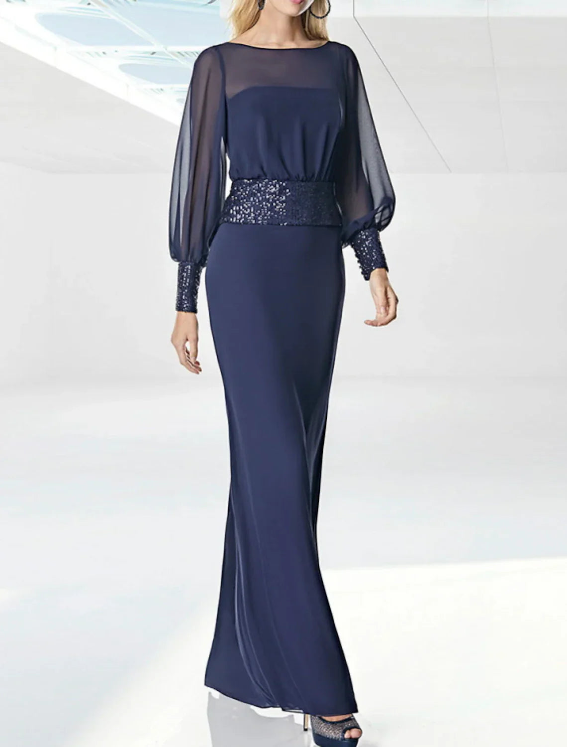 Sheath / Column Mother of the Bride Dress Wedding Guest Elegant Jewel Neck Floor Length Chiffon Sequined Long Sleeve with Sash / Ribbon