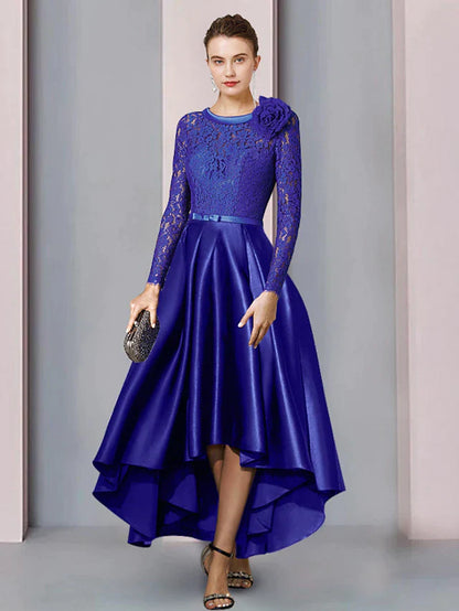 DingjiA-Line Mother of the Bride Dress Formal Church Elegant High Low Scoop Neck Tea Length Satin Lace Long Sleeve with Sash / Ribbon Bow(s) Flower