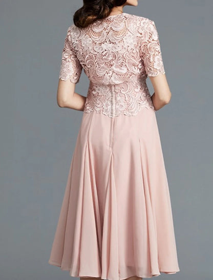 Aimishang Two Piece A-Line Mother of the Bride Dress Elegant Jewel Neck Knee Length Chiffon Lace Short Sleeve with Pleats Embroidery