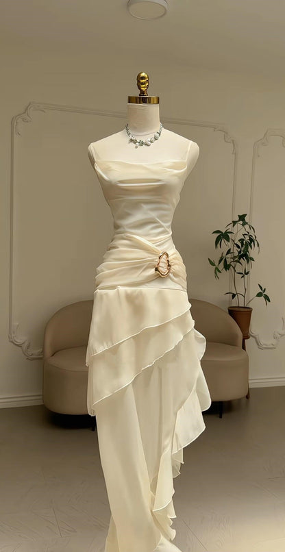 Ivory White Vintage Spaghetti Strap Long Chiffon prom dress Evening Dress Party Dress gh3374
