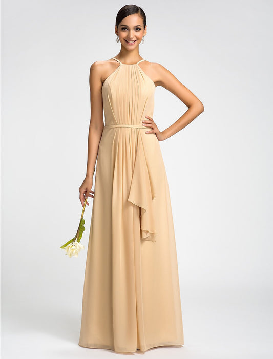 Sheath / Column High Neck Floor Length Chiffon Bridesmaid Dress with Draping