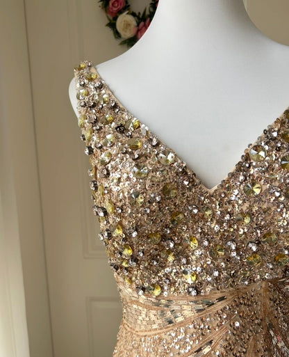 Luxurious Gold V-neck Mermaid Sequined Long Prom Dress Evening Dress cc5349