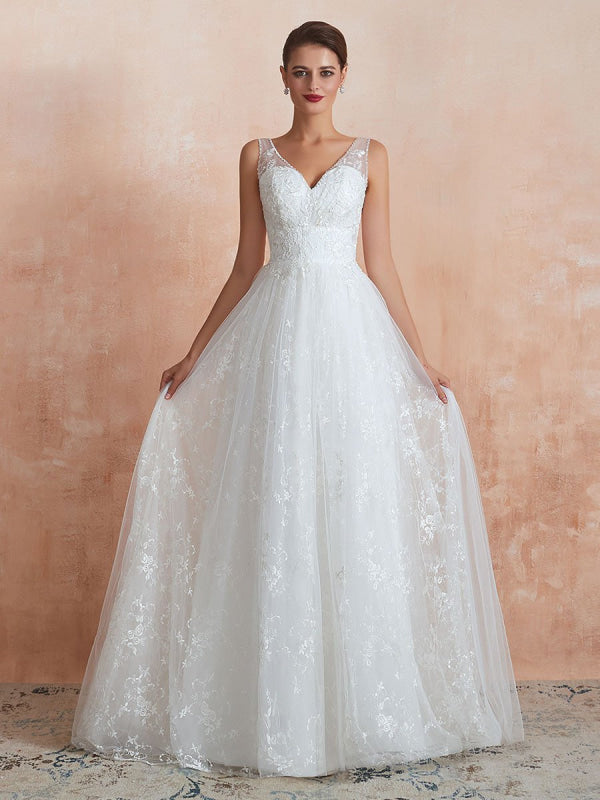 Wedding Dress A Line V Neck Sleeveless Floor Length Bridal Gowns With Train