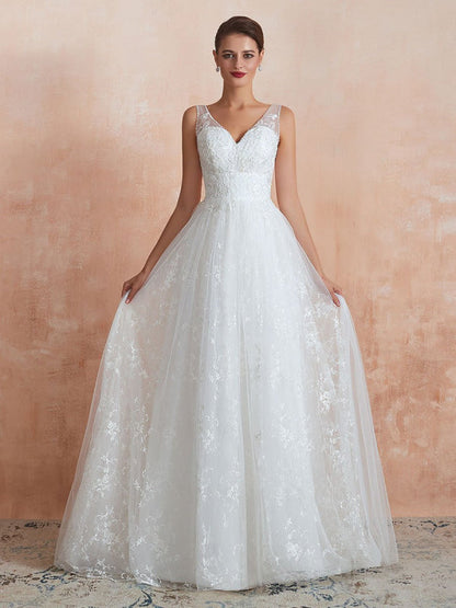 Wedding Dress A Line V Neck Sleeveless Floor Length Bridal Gowns With Train
