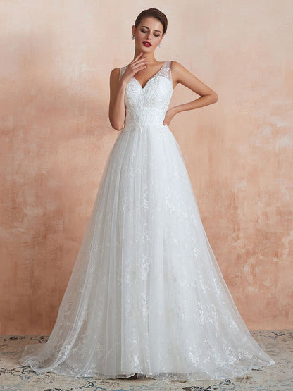Wedding Dress A Line V Neck Sleeveless Floor Length Bridal Gowns With Train