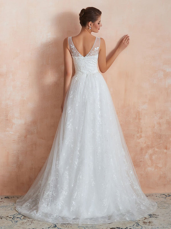 Wedding Dress A Line V Neck Sleeveless Floor Length Bridal Gowns With Train