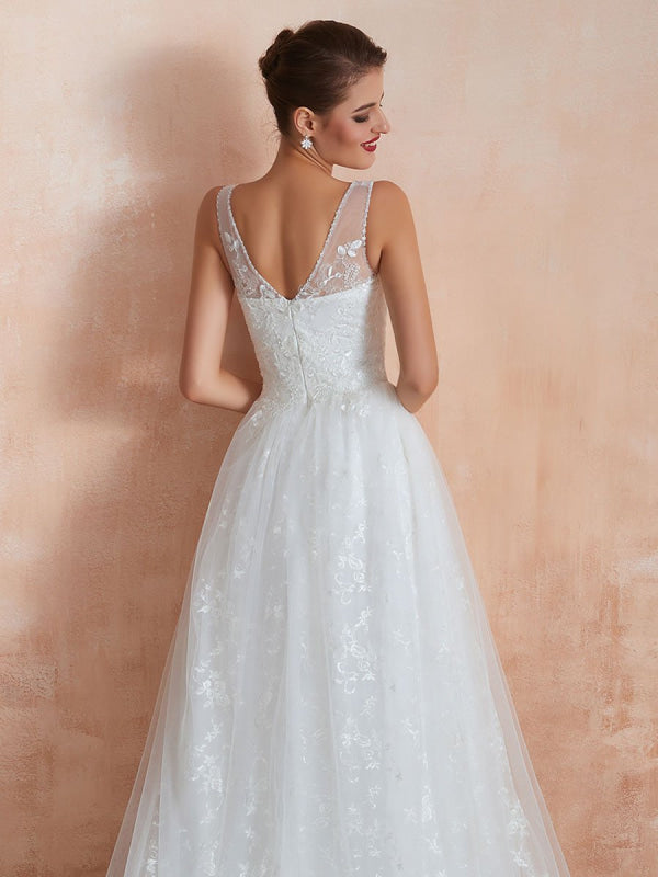 Wedding Dress A Line V Neck Sleeveless Floor Length Bridal Gowns With Train