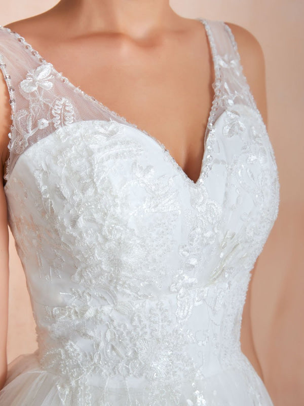 Wedding Dress A Line V Neck Sleeveless Floor Length Bridal Gowns With Train