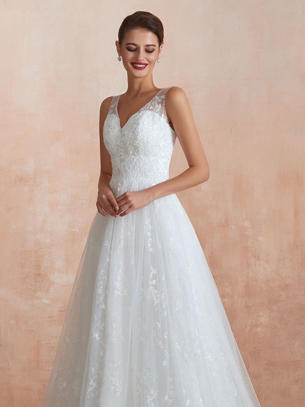 Wedding Dress A Line V Neck Sleeveless Floor Length Bridal Gowns With Train