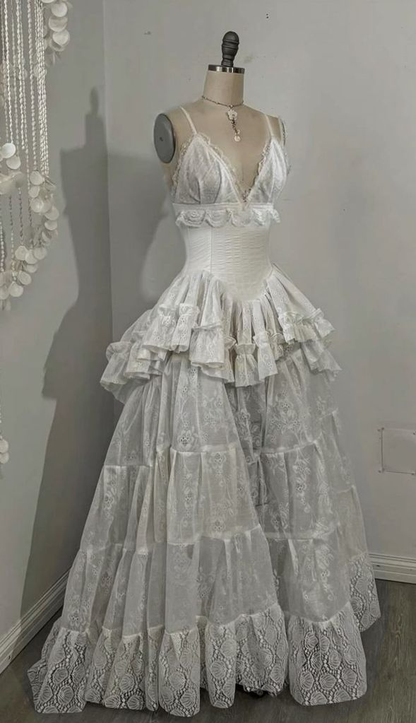 Retro V Neck Straps A-Line Lace Ruffles Vintage Wedding Dress Evening Dress, HZ0319
