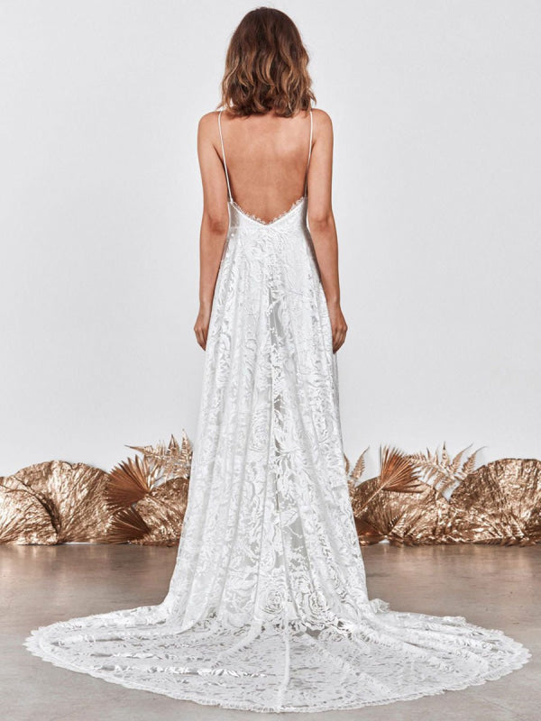 Wedding Dress Ivory V-Neck Backless Sleevelesslace Bridal Gowns With Train