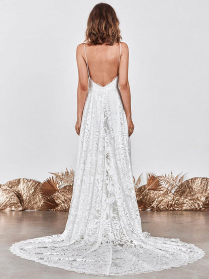 Wedding Dress Ivory V-Neck Backless Sleevelesslace Bridal Gowns With Train
