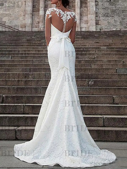 Wedding Dress Lace Illusion Neck Long Sleeves Mermaid Bridal Gowns With Court Train