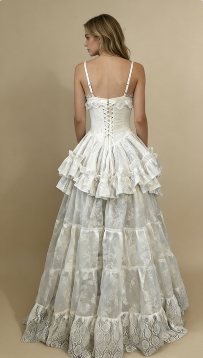 Retro V Neck Straps A-Line Lace Ruffles Vintage Wedding Dress Evening Dress, HZ0319
