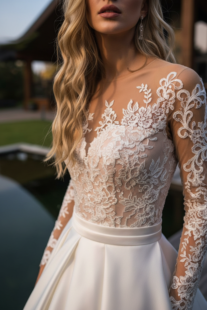 Jewel Neck Long Sleeves Wedding Dress Lace Satin Aline Bridal Dresses with Pockets