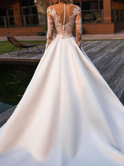 Jewel Neck Long Sleeves Wedding Dress Lace Satin Aline Bridal Dresses with Pockets