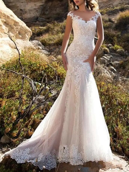 Wedding Dress V Neck Mermaid Sleeveless Lace Embellishment Classic Bridal Gowns With Train