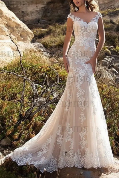 Wedding Dress V Neck Mermaid Sleeveless Lace Embellishment Classic Bridal Gowns With Train