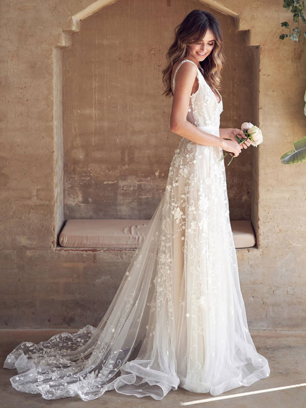 Wedding Dress With Train A Line Sleeveless Lace V Neck Bridal Gowns