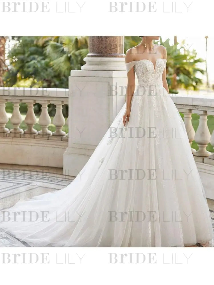 Wedding Dress With Train V Neck Sleeveless Off Shoulder Lace Tulle Bridal Dresses