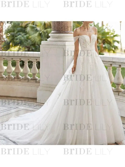 Wedding Dress With Train V Neck Sleeveless Off Shoulder Lace Tulle Bridal Dresses