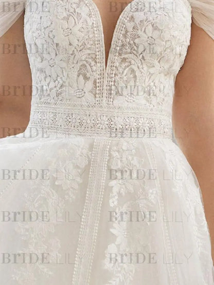 Wedding Dress With Train V Neck Sleeveless Off Shoulder Lace Tulle Bridal Dresses