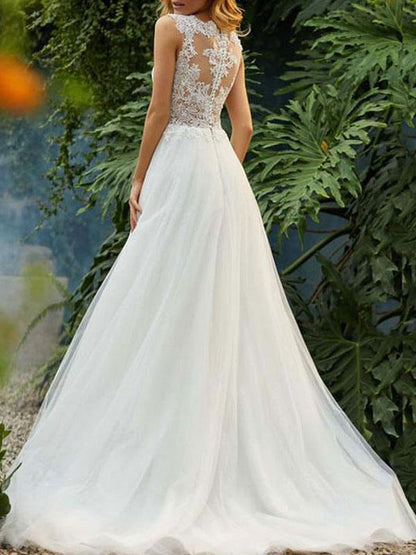 Wedding Dresses A Line Illusion Neck Sleeveless Floor Length Lace Beaded Tulle Boho Bridal Gowns