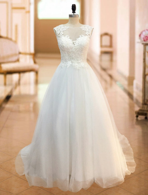 Wedding Dresses A Line Illusion Neck Sleeveless Floor Length Lace Beaded Tulle Boho Bridal Gowns