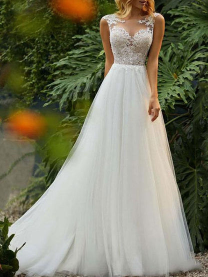 Wedding Dresses A Line Illusion Neck Sleeveless Floor Length Lace Beaded Tulle Boho Bridal Gowns