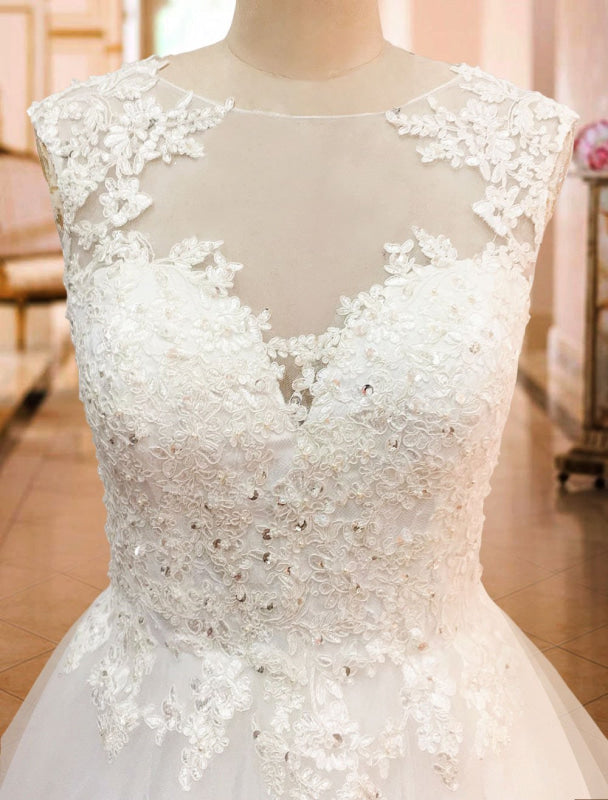 Wedding Dresses A Line Illusion Neck Sleeveless Floor Length Lace Beaded Tulle Boho Bridal Gowns
