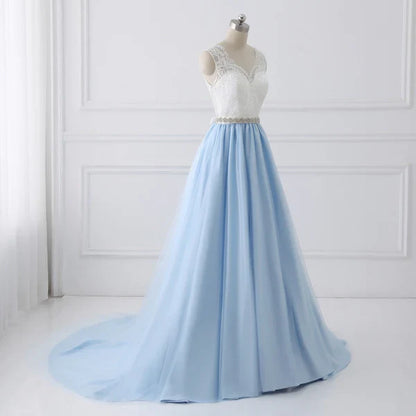 A-line Sweetheart Chapel Train Tulle Lace Beaded Wedding Dresses Light Blue Prom Dress Wholesale