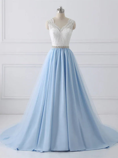 A-line Sweetheart Chapel Train Tulle Lace Beaded Wedding Dresses Light Blue Prom Dress Wholesale