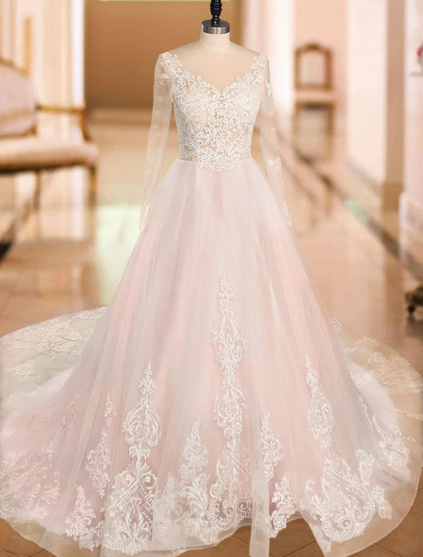 Wedding Dresses A Line V Neck Long Sleeve Lace Applique Tulle Bridal Gowns With Chapel Train