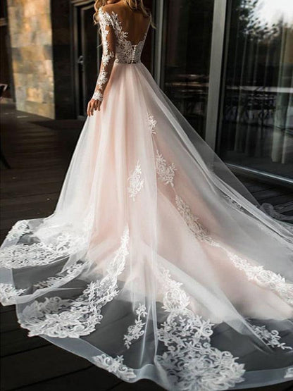Wedding Dresses A Line V Neck Long Sleeve Lace Applique Tulle Bridal Gowns With Chapel Train