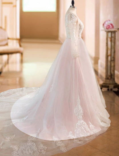 Wedding Dresses A Line V Neck Long Sleeve Lace Applique Tulle Bridal Gowns With Chapel Train