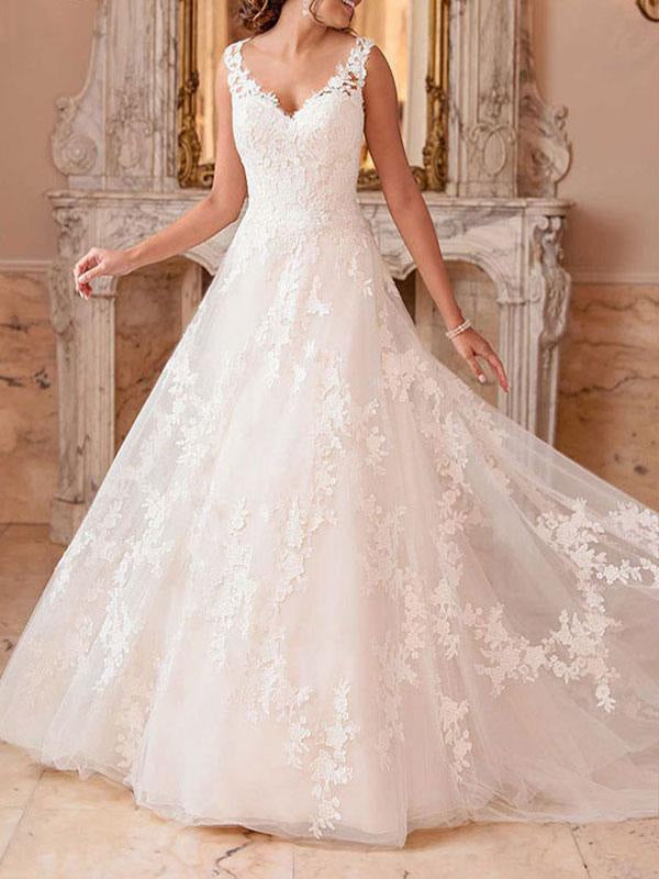 Wedding Dresses A Line V Neck Sleeveless Lace Illusion Back Bridal Gowns