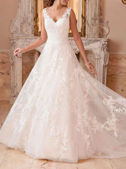 Wedding Dresses A Line V Neck Sleeveless Lace Illusion Back Bridal Gowns