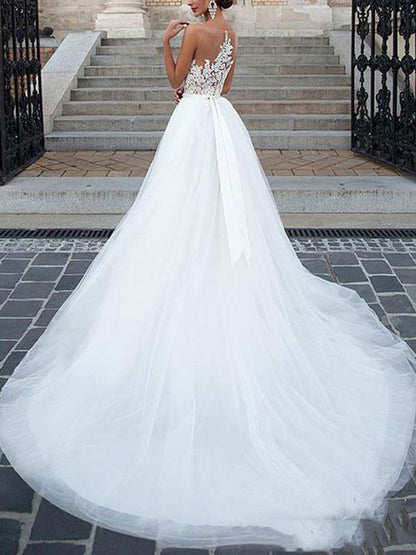 Wedding Dresses Jewel Neck A Line Floor Length Beaded Sash Tulle Pageant Dress Bridal Gowns