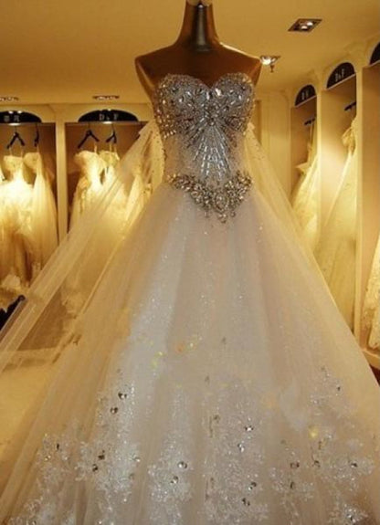 Lace Applique Wedding Dresses Strapless Sweetheart Bridal Gown Beaded with Cathedral Train