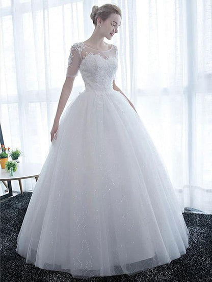 Wedding Dresses White Off The Shoulder Short Sleeves Tulle Floor Length Bride Dresses