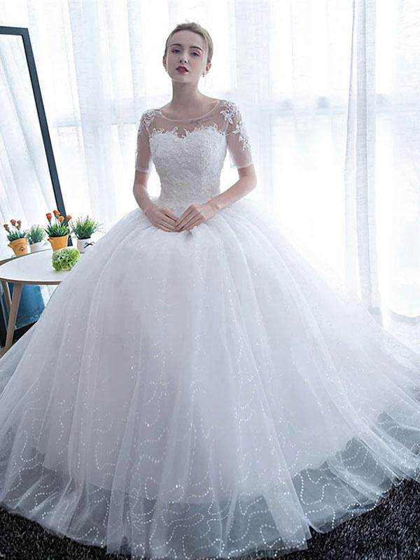 Wedding Dresses White Off The Shoulder Short Sleeves Tulle Floor Length Bride Dresses