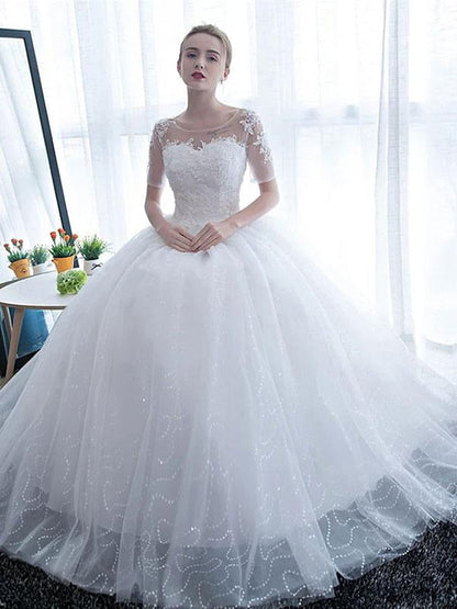 Wedding Dresses White Off The Shoulder Short Sleeves Tulle Floor Length Bride Dresses